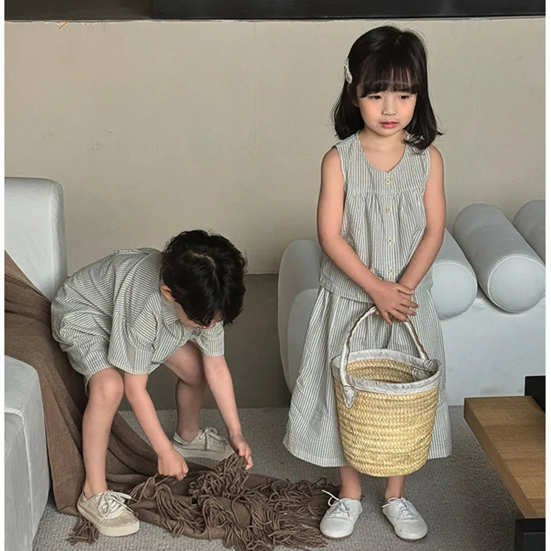 2026 Summer Sibling Matching Sets Gray Stripe Cotton Linen Brother Shirt Shorts Sister Vest Skirt Outfit Korean Kids Clothes
