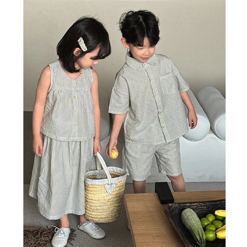 2026 Summer Sibling Matching Sets Gray Stripe Cotton Linen Brother Shirt Shorts Sister Vest Skirt Outfit Korean Kids Clothes
