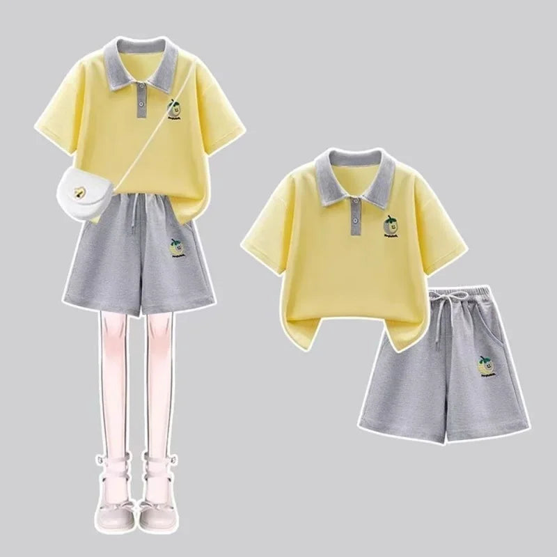 2026 Teenage Fashion Kids Girls Clothing Sets Sport Short Sleeve Polo Tshirts + Short Pants 2PCS Children Clothes Outfits 5-12Y