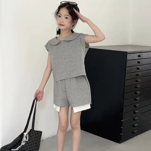 2026 Summer Girls Suit Child set Clothes grey off shoulder t-shirt top and bottom pants Teenager Tracksuits Kids 8 5 10 12 year