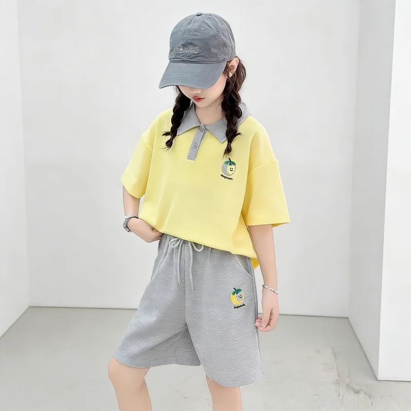 2026 Teenage Fashion Kids Girls Clothing Sets Sport Short Sleeve Polo Tshirts + Short Pants 2PCS Children Clothes Outfits 5-12Y