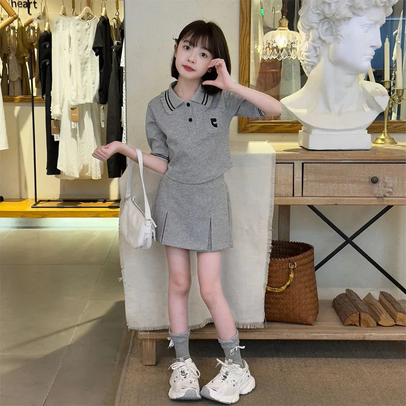 2026 summer Girls set Clothes teenager letters t shirt t-shirt + thin pleated mini skirt 4 5 6 8 10 11 12 year tracksuit cotton