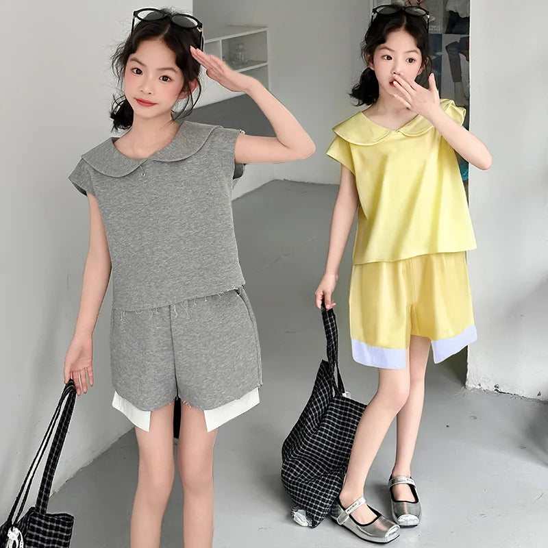 2026 Summer Girls Suit Child set Clothes grey off shoulder t-shirt top and bottom pants Teenager Tracksuits Kids 8 5 10 12 year