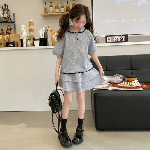 2026 NEW summer Teenager Girls Cloth short sleeve striped T Shirt top + bottom layer skirt children set 4 6 7 8 9 10 11 12 year